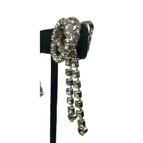 Vintage Rhinestone Earrings Clip Double Circle Long Dangle Bride Barbie Art Deco - Picture 3 of 13